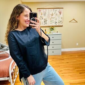 Theory Navy Blue Long Cinch Sleeve Linen Blend Top Blouse Large